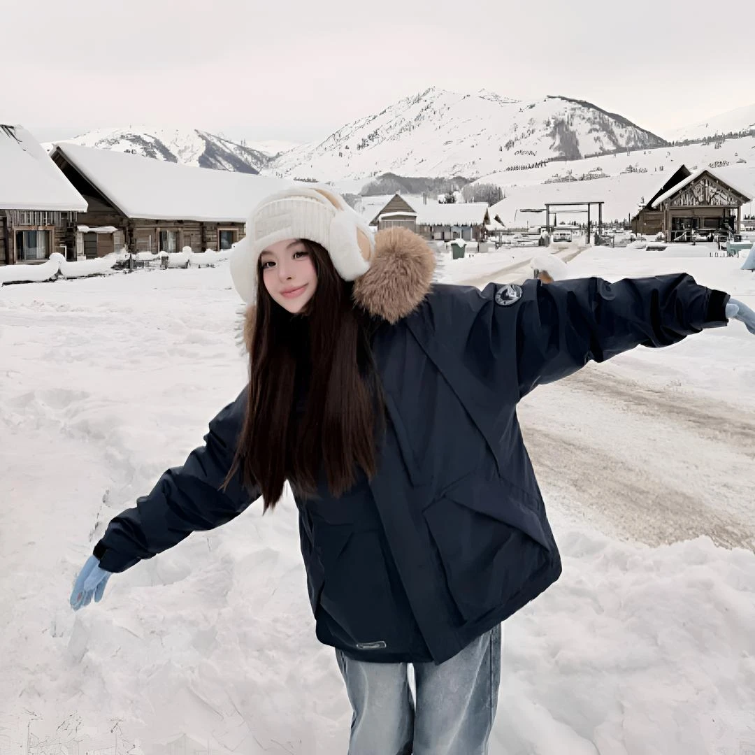 小鱼棉服女冬季2024年大毛领韩版宽松工装棉衣加厚藏青色棉袄外套