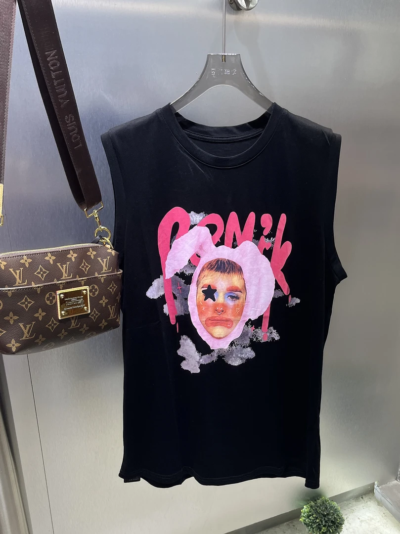 无袖美式人头棉T恤粉色黑色