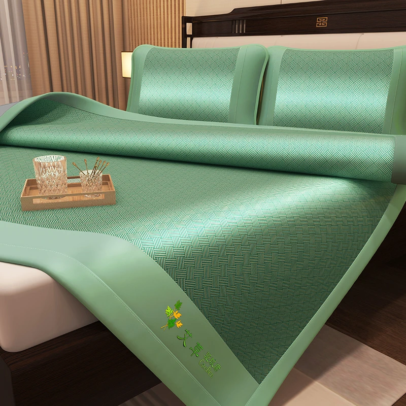 艾草驱蚊冰丝凉席1.8m提花冰丝软凉席三件套家用学生1.5m席子