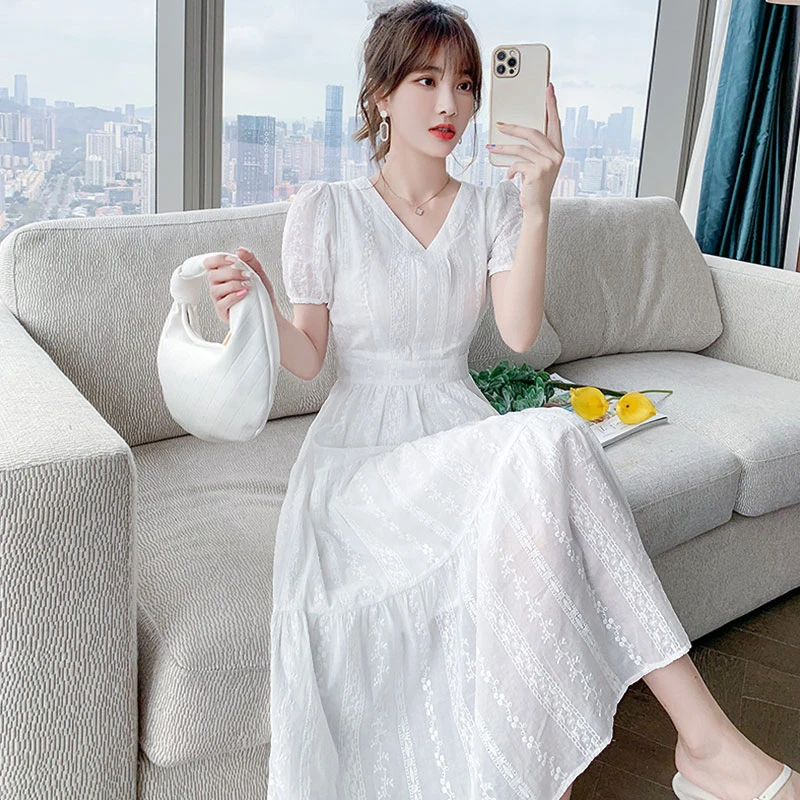 超仙初恋连衣裙女2025夏季法式设计感收腰显瘦泡泡袖仙女桔梗长裙