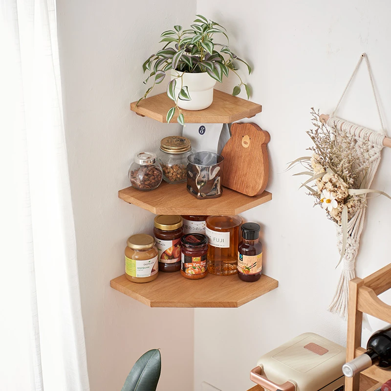 实木客厅墙角置物架三角落书架悬空厨房隔板壁挂墙上橡木转拐角柜