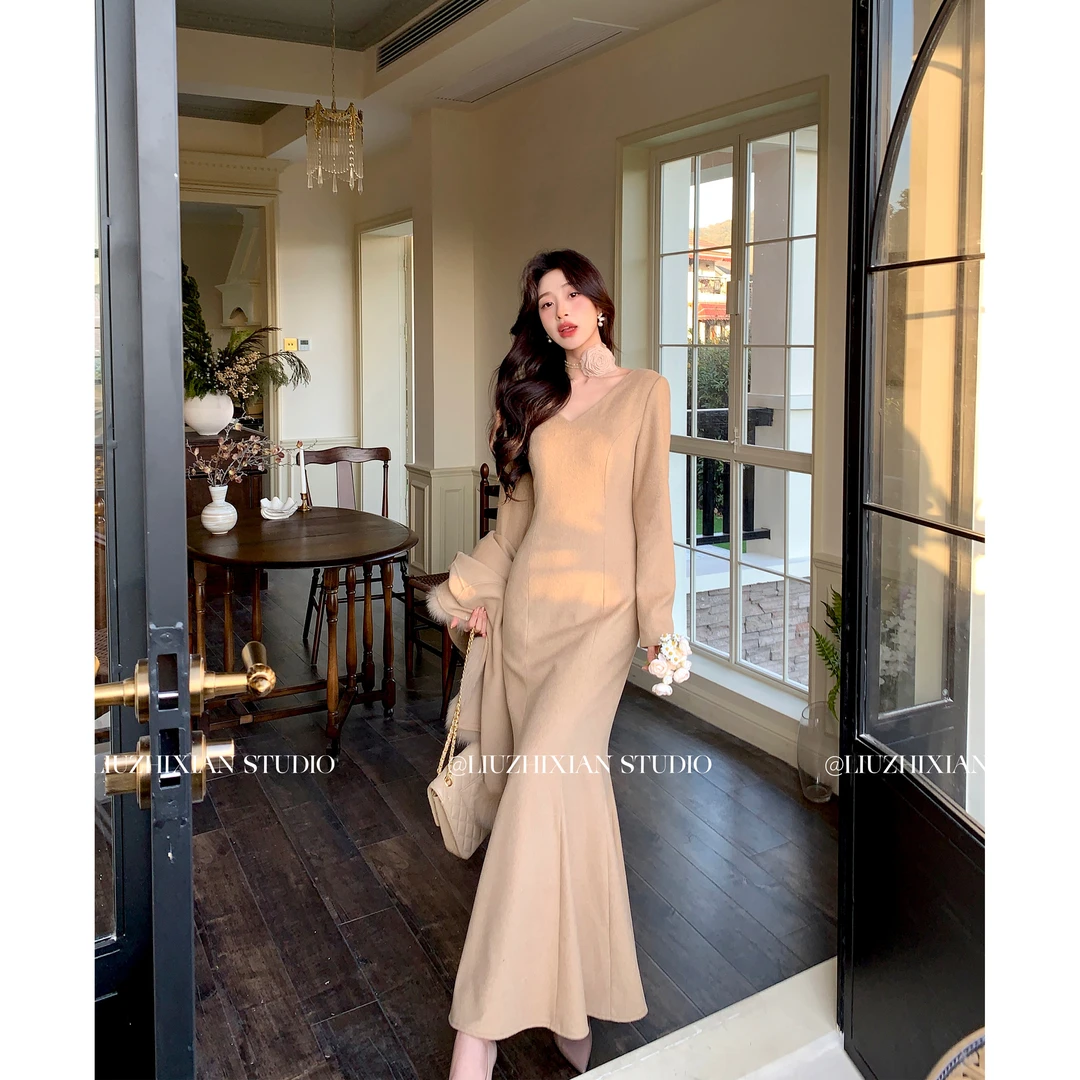 【一杯美式】设计师气质时尚羊毛连衣裙打底ZX024266