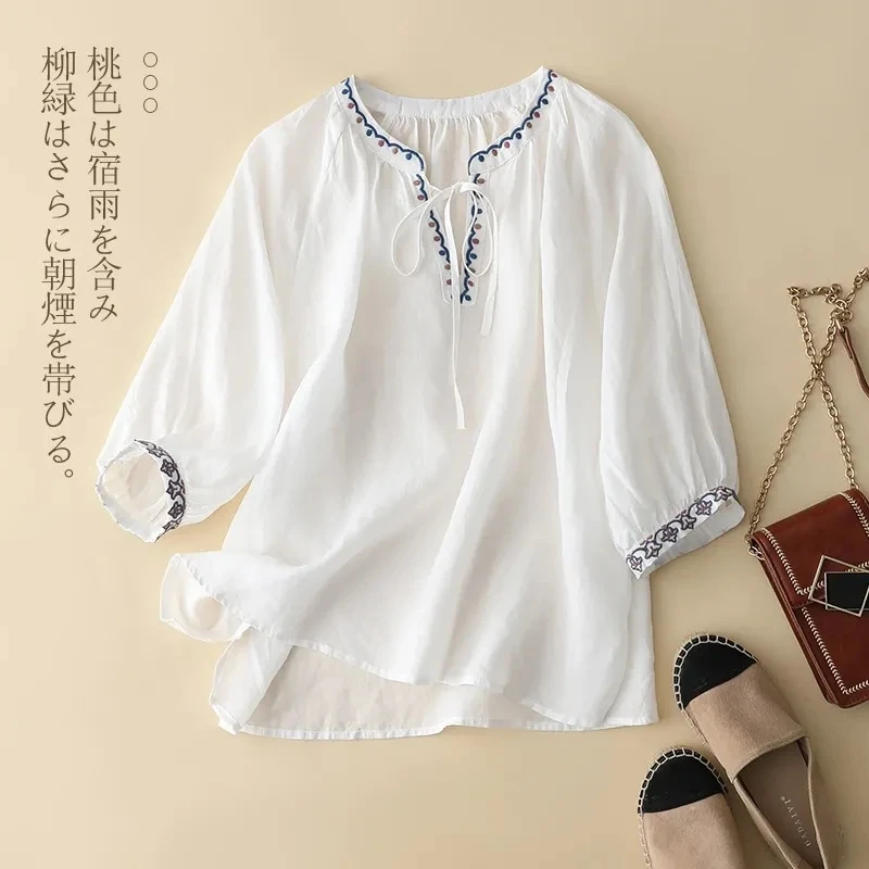 棉麻刺绣V领七分袖衬衫女舒适柔软衬衣新款领口系带夏季上衣洋气