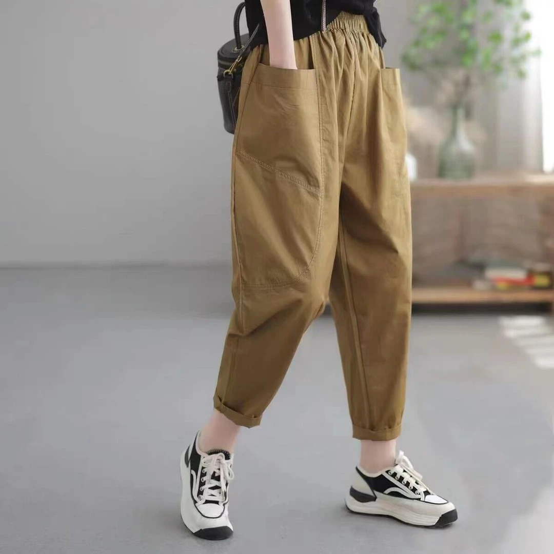 休闲裤女秋季新款裤子简约薄款时尚休闲复古黑色女装哈伦裤潮