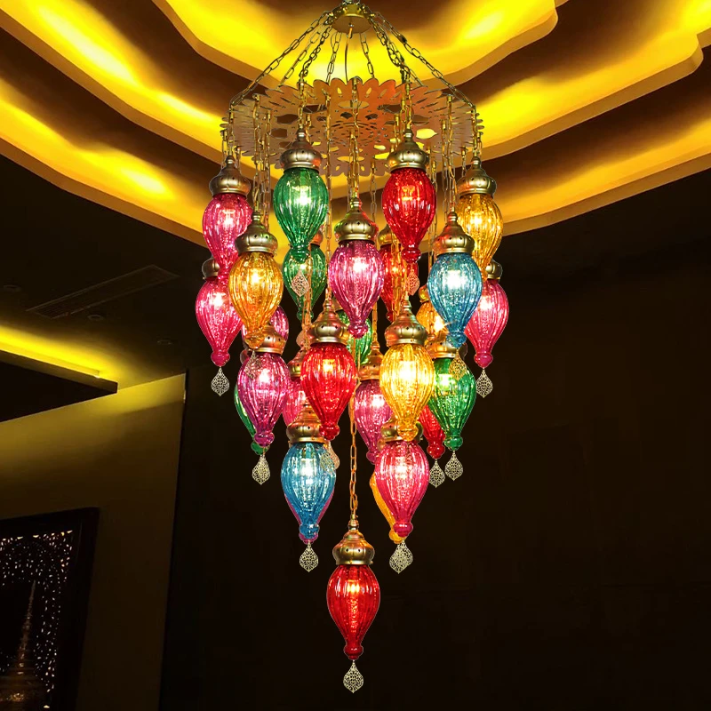 东南亚客厅餐厅吊灯会所酒店铁艺个性创意土耳其裂纹彩色玻璃灯具