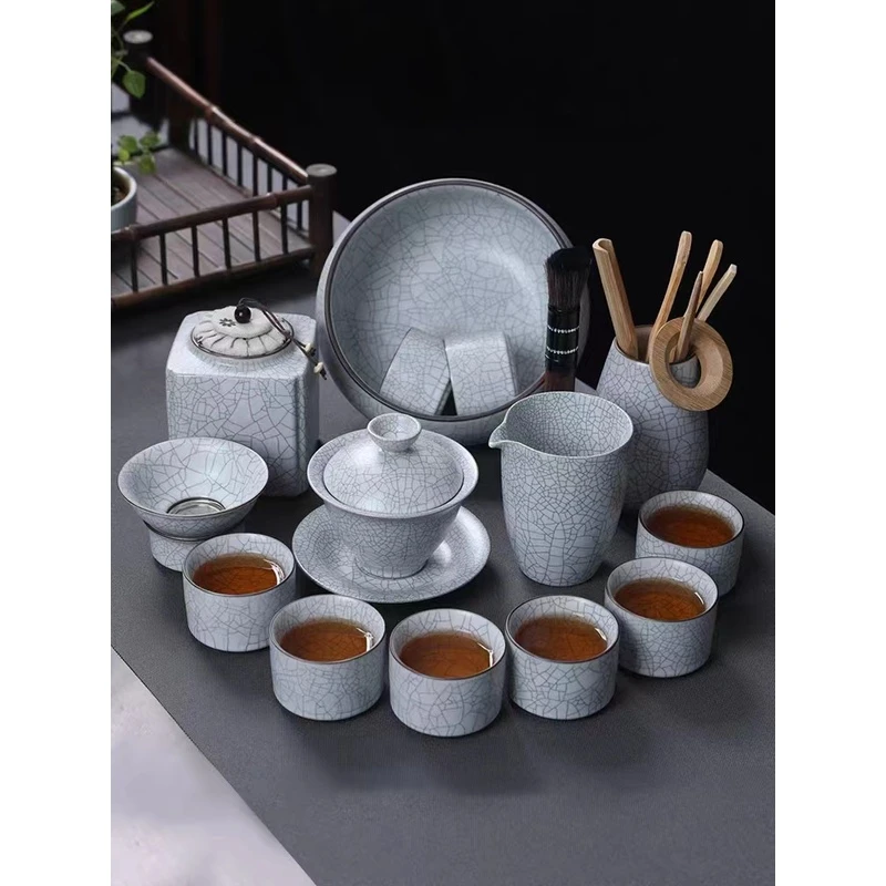 月白汝窑功夫茶具套装家用可养开片泡茶器防烫侧把壶陶瓷茶杯泡茶