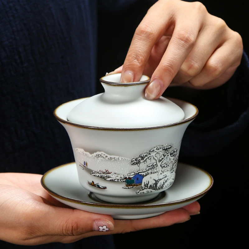 陶瓷开片可养 汝窑雪景大号三才盖碗 茶杯 茶壶 六君子功夫茶具
