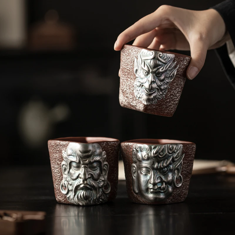 紫砂画银主人杯茶杯原矿四方品茗杯手工浮雕茶碗功夫茶具鎏银茶盏