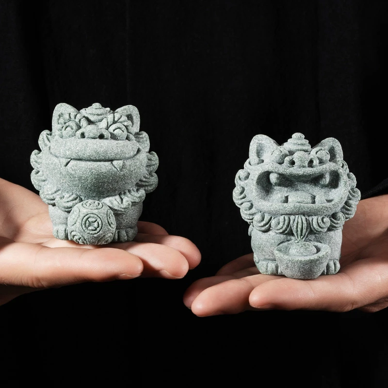 青砂石国潮小狮子茶宠桌面茶盘装饰吉祥物摆件微景观盆景摆设创意
