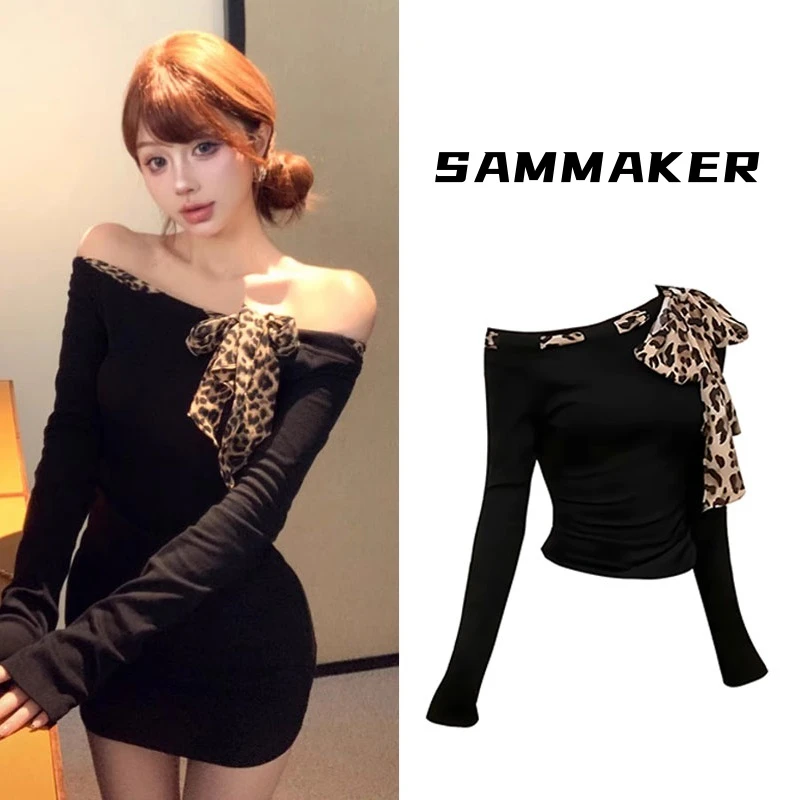 复古纯欲辣妹一字肩豹纹绑带长袖T恤女秋季新款短款修身显瘦上衣