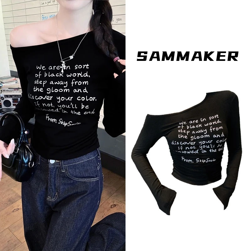 纯欲辣妹斜肩长袖T恤女早秋新款字母印花收腰褶皱短款打底衫上衣