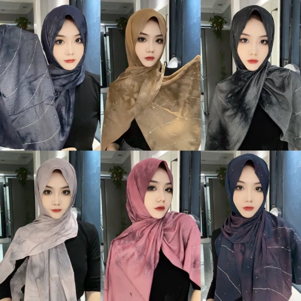 微皱真丝扎染工艺烫钻长巾