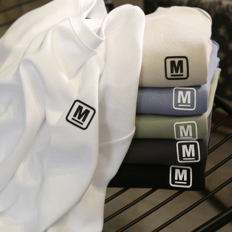 夏季新款纯色贴布M标圆领百搭宽松休闲男士短袖情侣重磅潮流2313