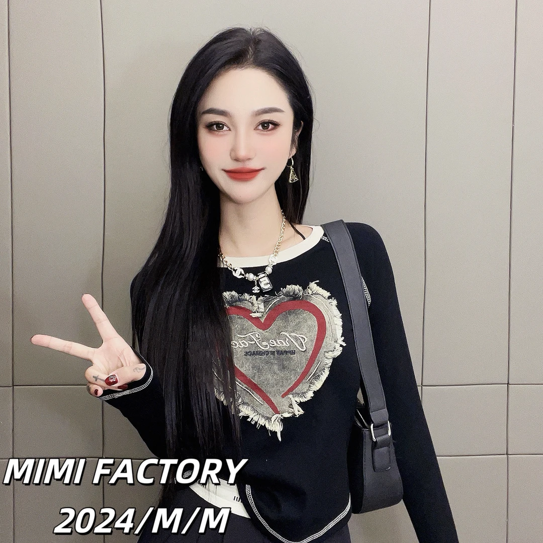 芈芈 2025新款长袖  爱心字母长袖T恤女修身显瘦休闲时尚百搭XCTQ