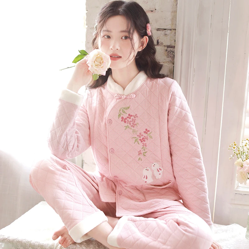 『赏花兔』新中式秋冬季加厚保暖三层夹棉睡衣女空气夹棉睡衣LZ2749