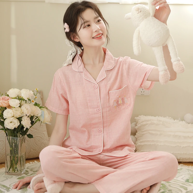 『湖畔』春夏情侣款睡衣薄款纯棉短袖长裤家居服男女LZ2061