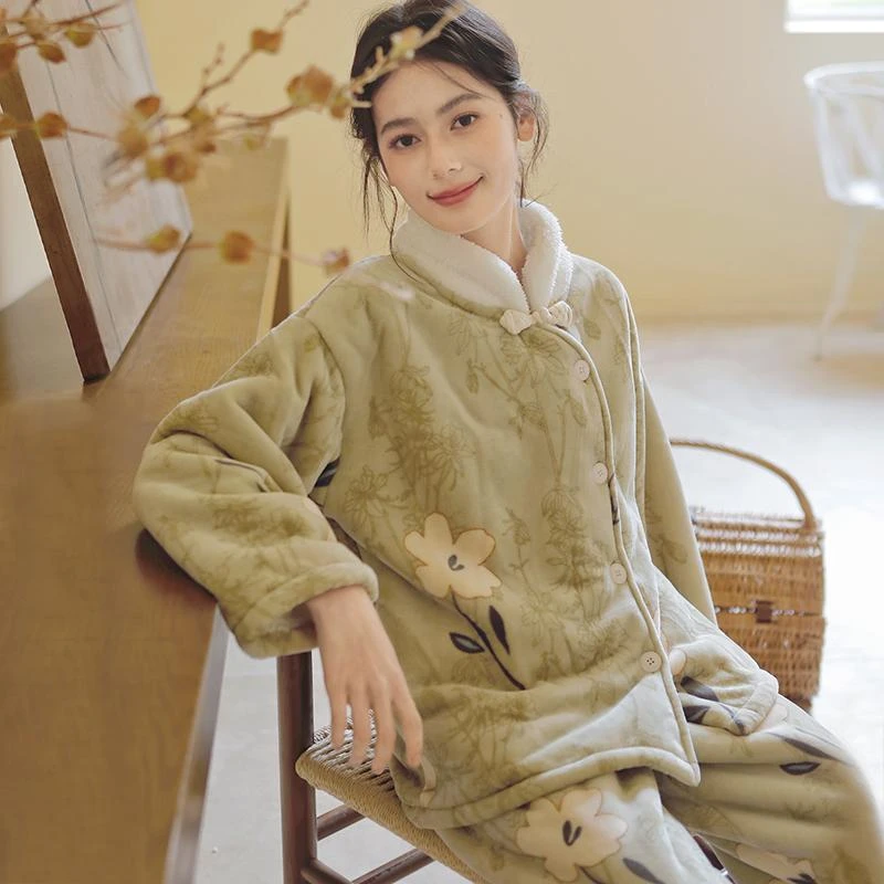 冬季牛奶绒睡衣女古风印花加绒加厚保暖羊羔绒家居服二件套LZ2984