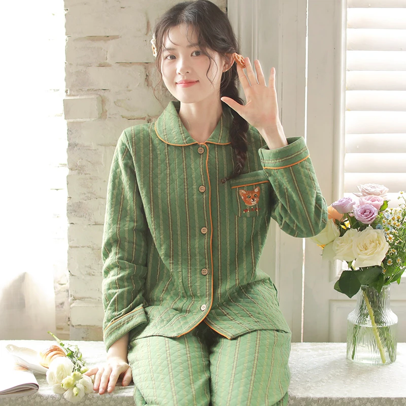 『眠岛』情侣条纹夹棉睡衣秋冬三层空气棉加厚保暖长袖套装LZ2730