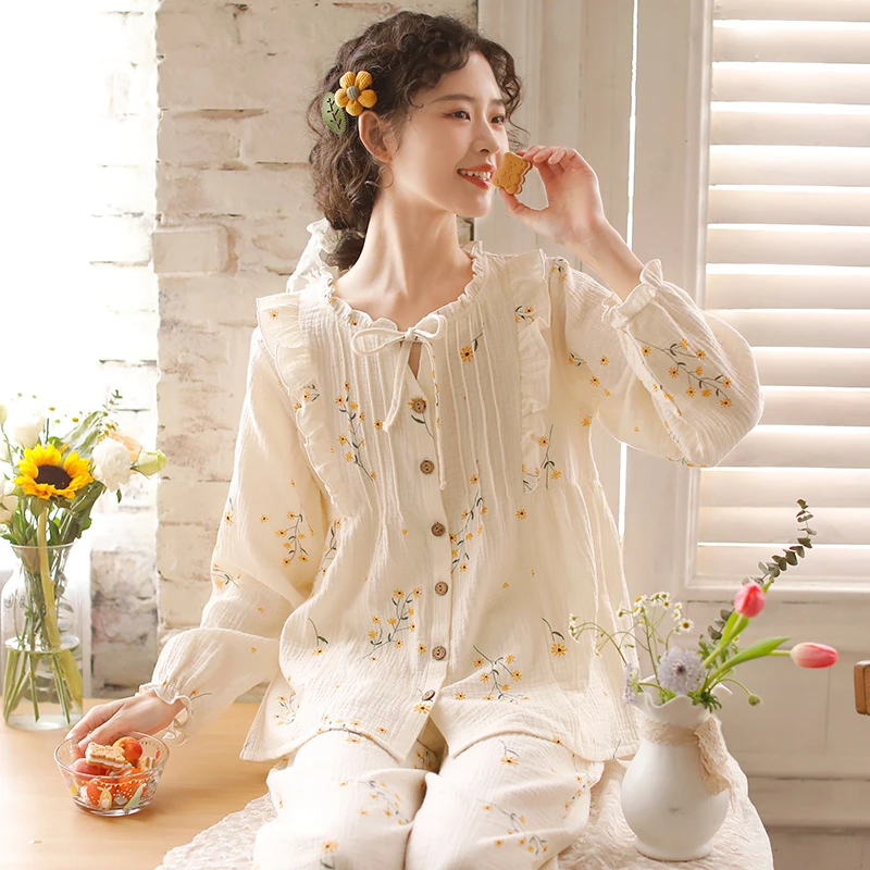 『风车菊』春秋女款长袖长裤纯棉纱布睡衣家居服套装LZ1748/LZ1980