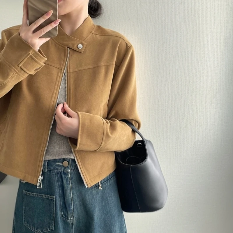 藏蓝色无领老钱风高腰外套女款春秋独特别致小上衣短款夹克2025潮