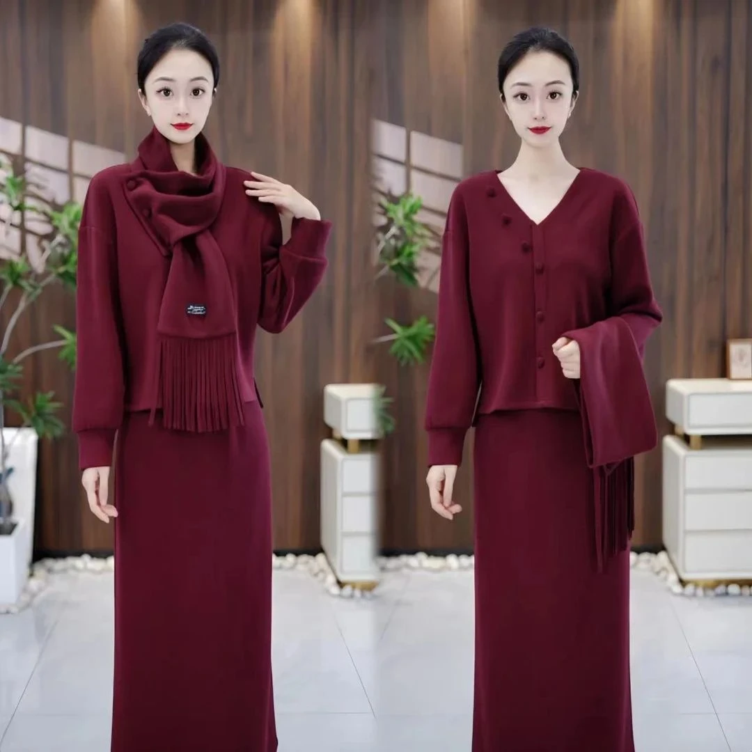 2024新款秋冬小香风气质名媛时尚减龄高端连衣裙女三件套装