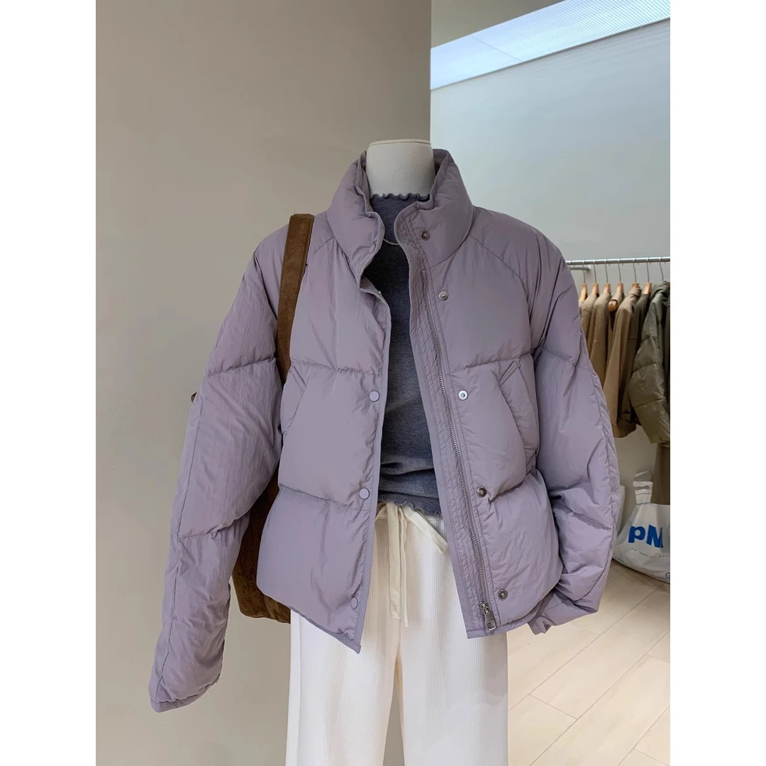 显比例显瘦短款紫色棉服女轻便保暖宽松廓形立领外穿外套冬