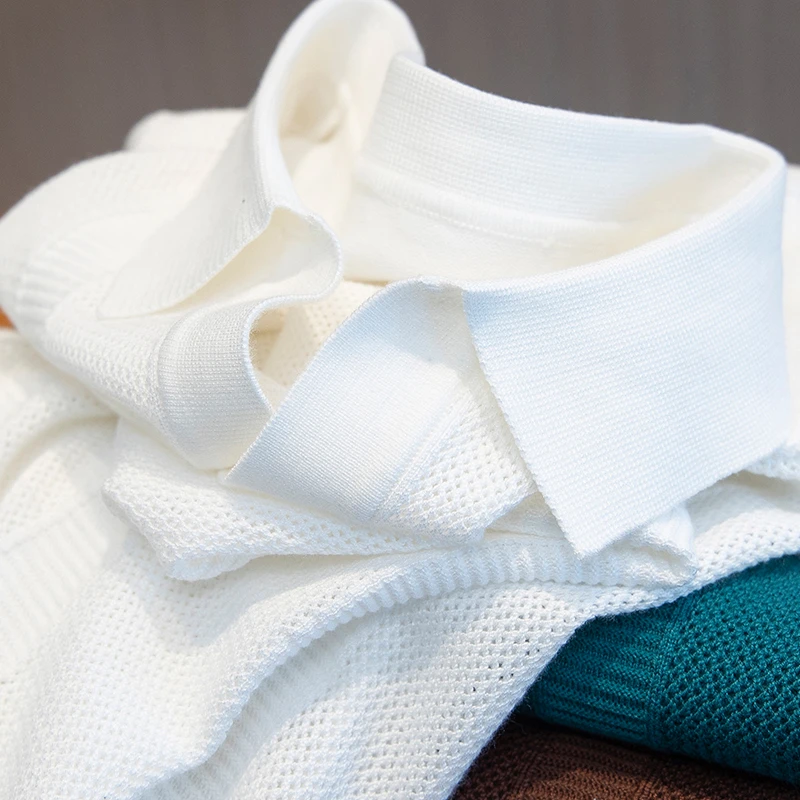 优雅绅士风~独特设计镂空冰丝针织白色polo衫男桑棉质青年POLO衫