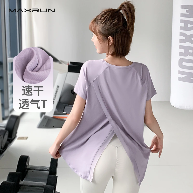 Maxrun大码健身服后开衩短袖宽松速干跑步运动T恤夏薄款瑜伽服C94