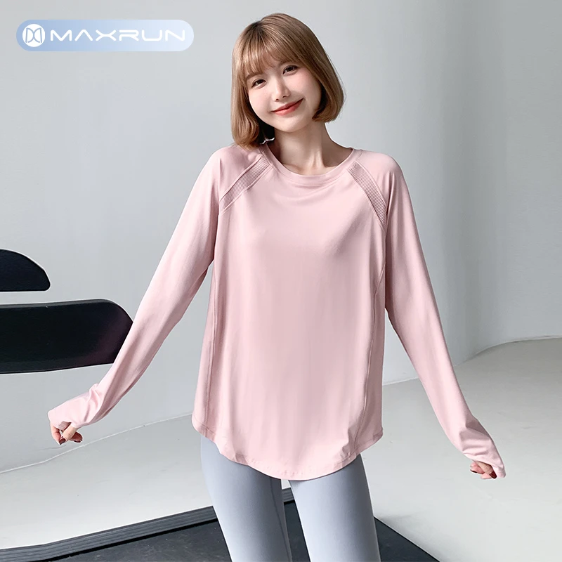 maxrun大码健身服后背开叉瑜伽服长袖运动上衣宽松跑步速干T恤B58