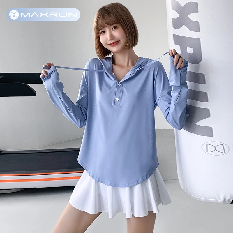 maxrun大码健身服女连帽运动长袖宽松跑步罩衫速干秋冬瑜伽服B60
