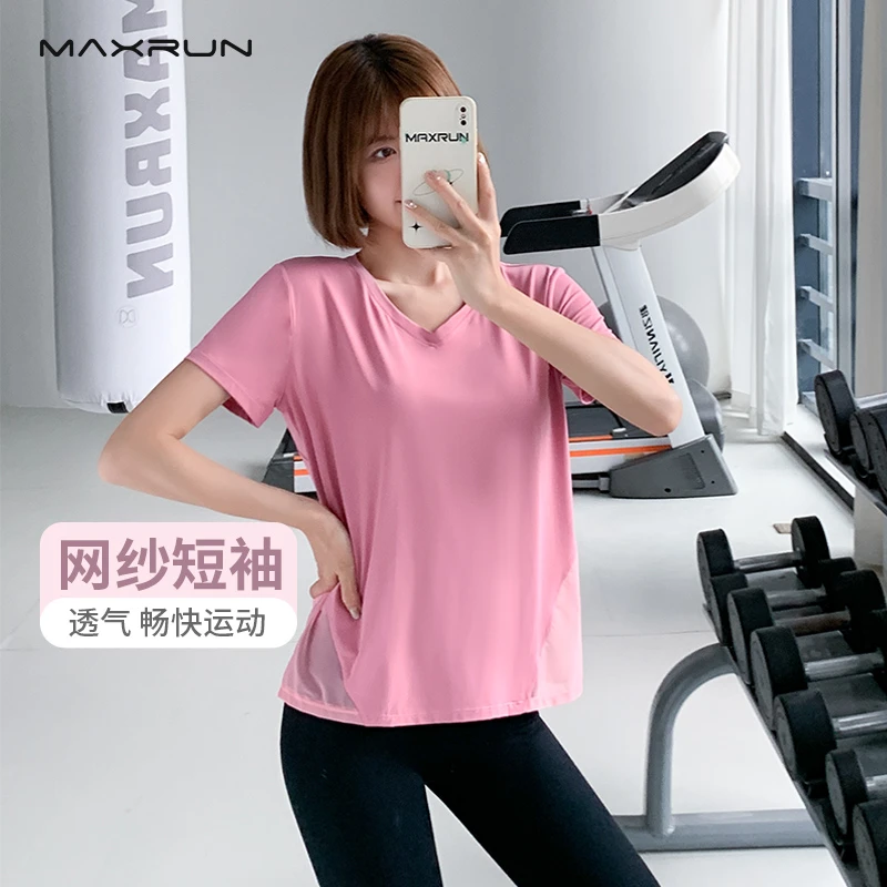 maxrun大码健身服网纱拼接运动T恤微胖短袖宽松瑜伽服速干上衣M14