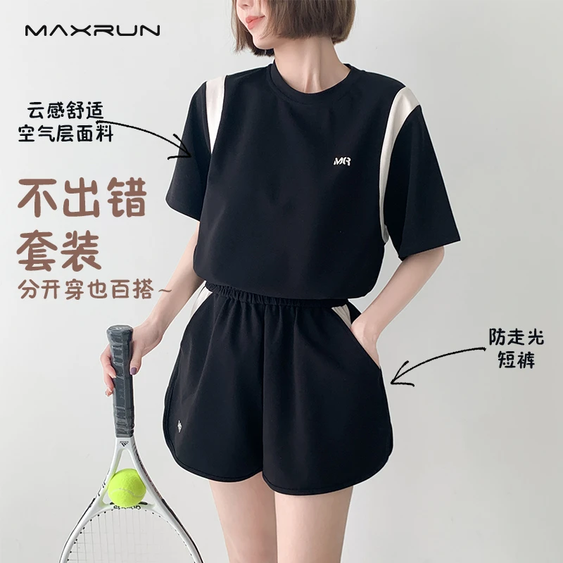 maxrun空气层运动套装女宽松大码羽毛球跑步健身服短裤短袖两件套