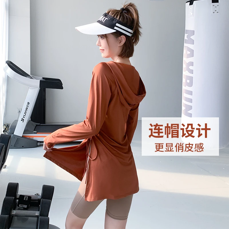 大码健身服瑜伽服速干衣运动上衣微胖女连帽长袖加长修身跳操达