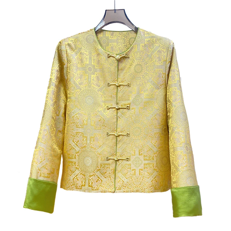 女款中式加棉国风宋锦外套2025秋冬新款黄色复古洋气休闲宽松上衣