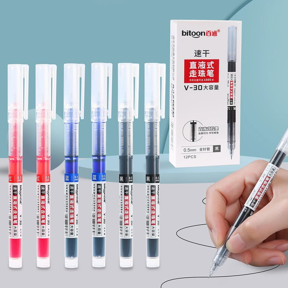 百通速干直液式走珠笔0.5mm全针管中性笔V30办公签字笔学生用水笔