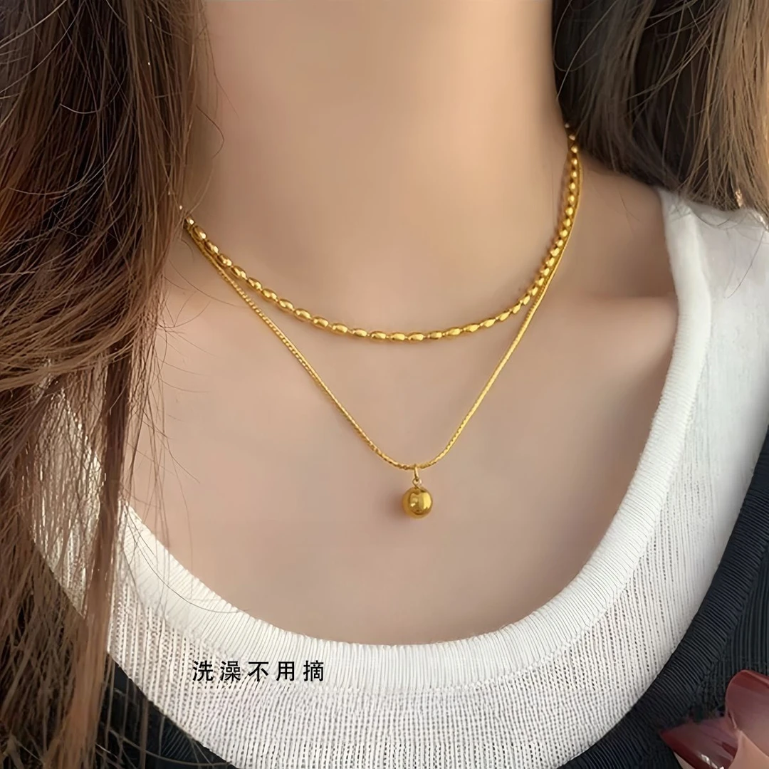 钛钢项链 双层叠戴锁骨链时尚饰品米粒链小圆球不掉色轻奢项链女