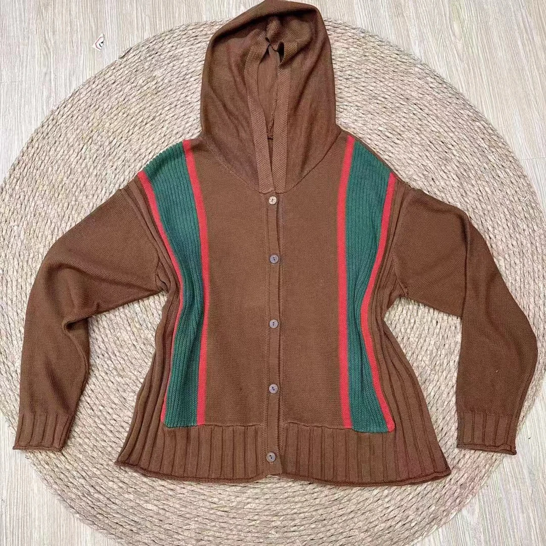 2024艺棉棉秋冬新款连帽拼色休闲洋气百搭针织毛衣开衫6106