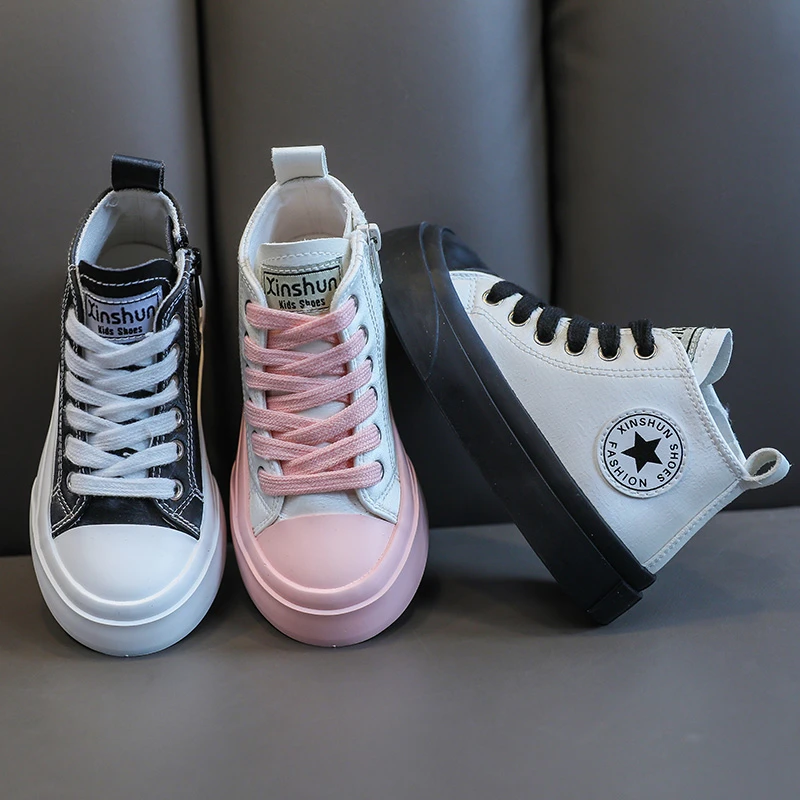 儿童板鞋男童休闲鞋2023春秋新款女童简约百搭帆布鞋皮面小白鞋子