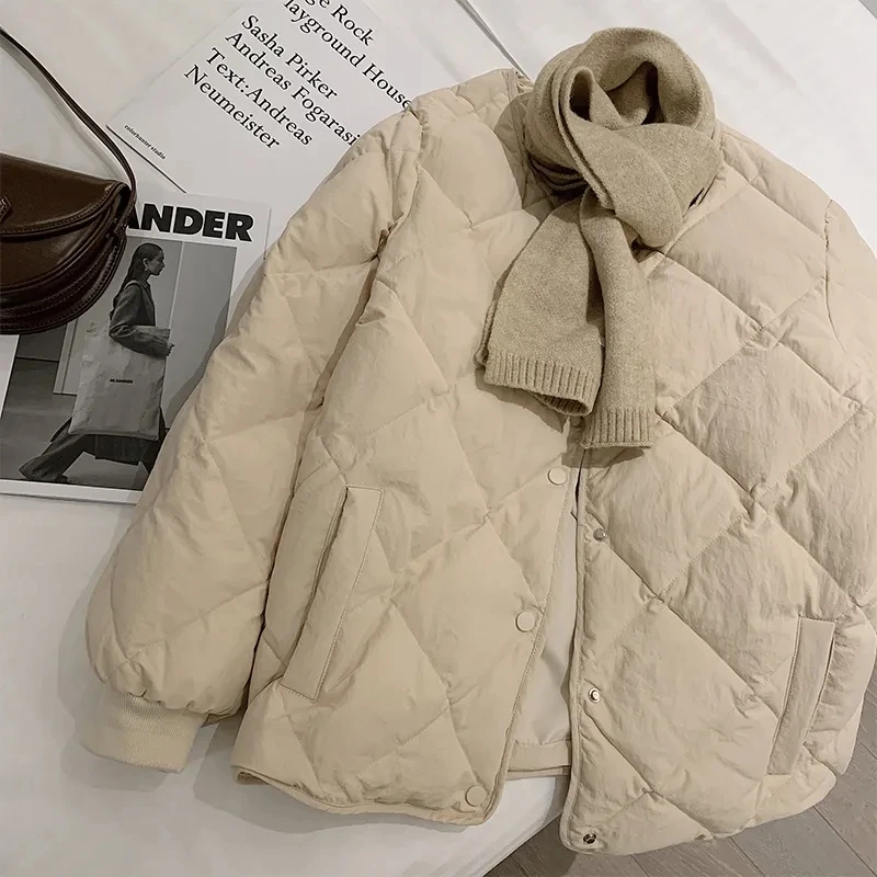 米杏色菱格轻薄棉服女短款冬新款韩版宽松百搭小个子棉衣纯色外套