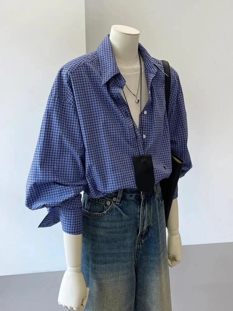 宇宙无D推荐!早春季穿搭~慵懒风精致百搭衬衣女蓝色格子长袖衬衫