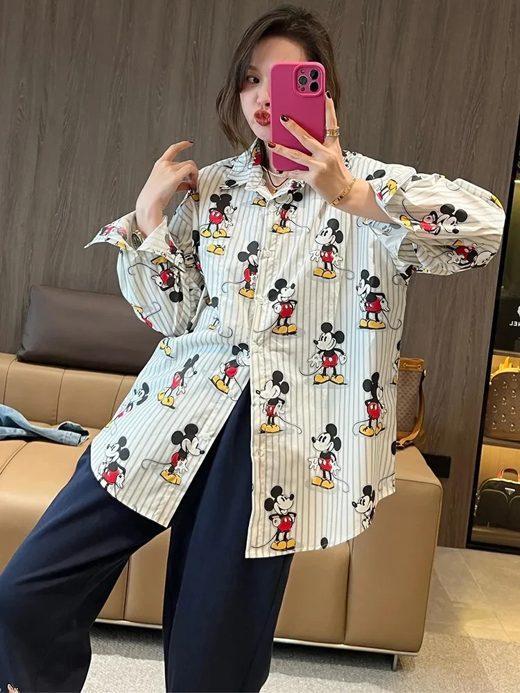 卡通米奇条纹衬衣女秋新款百搭休闲宽松条纹印花长袖衬衫