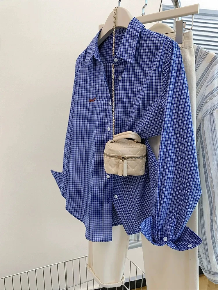 长袖衬衫女2025春季新款蓝色格子衬衣外套女早春宽松小个子上衣女