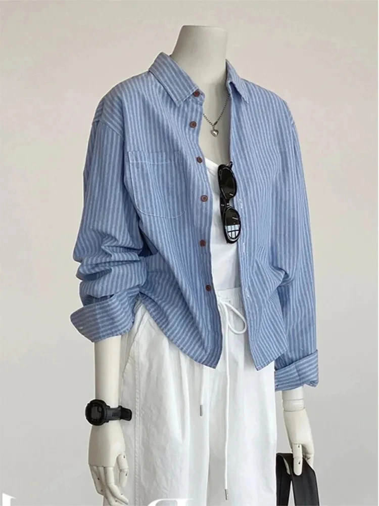 早春季慵懒风蓝色条纹棉质衬衫外套女韩系休闲松弛感开衫长袖上衣