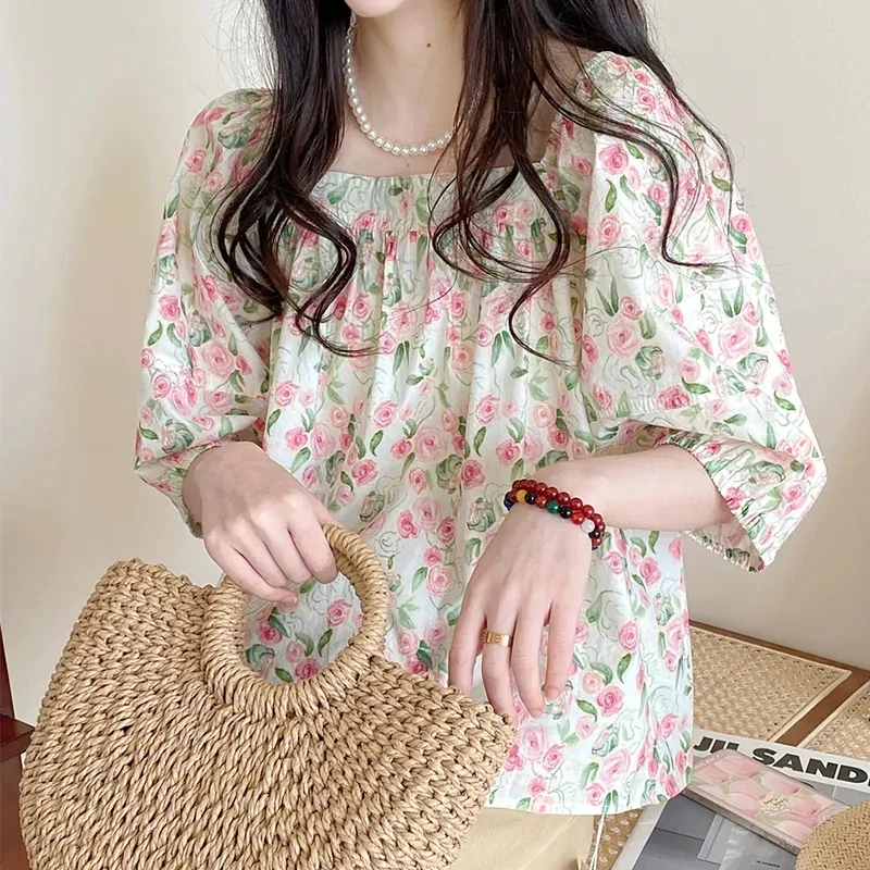 娃娃衫上衣女2024年新款韩版一字肩套头甜美泡泡袖碎花中袖衬衫