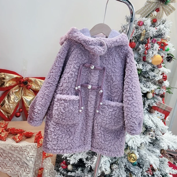 W童品，099珠珠扣毛毛外套紫色