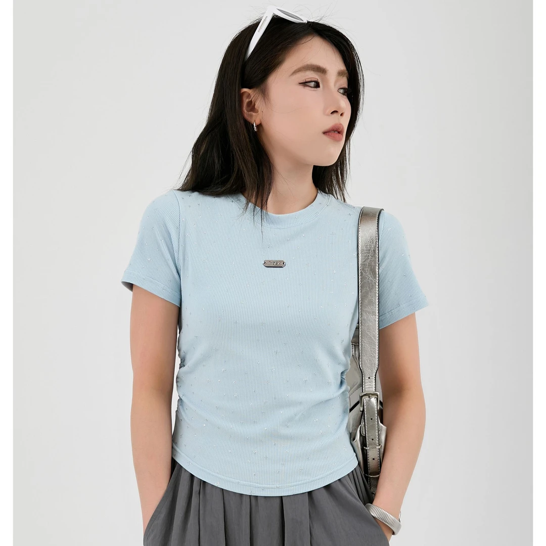 T-GEY【星河】设计款收腰圆领T恤短款百搭夏季修身