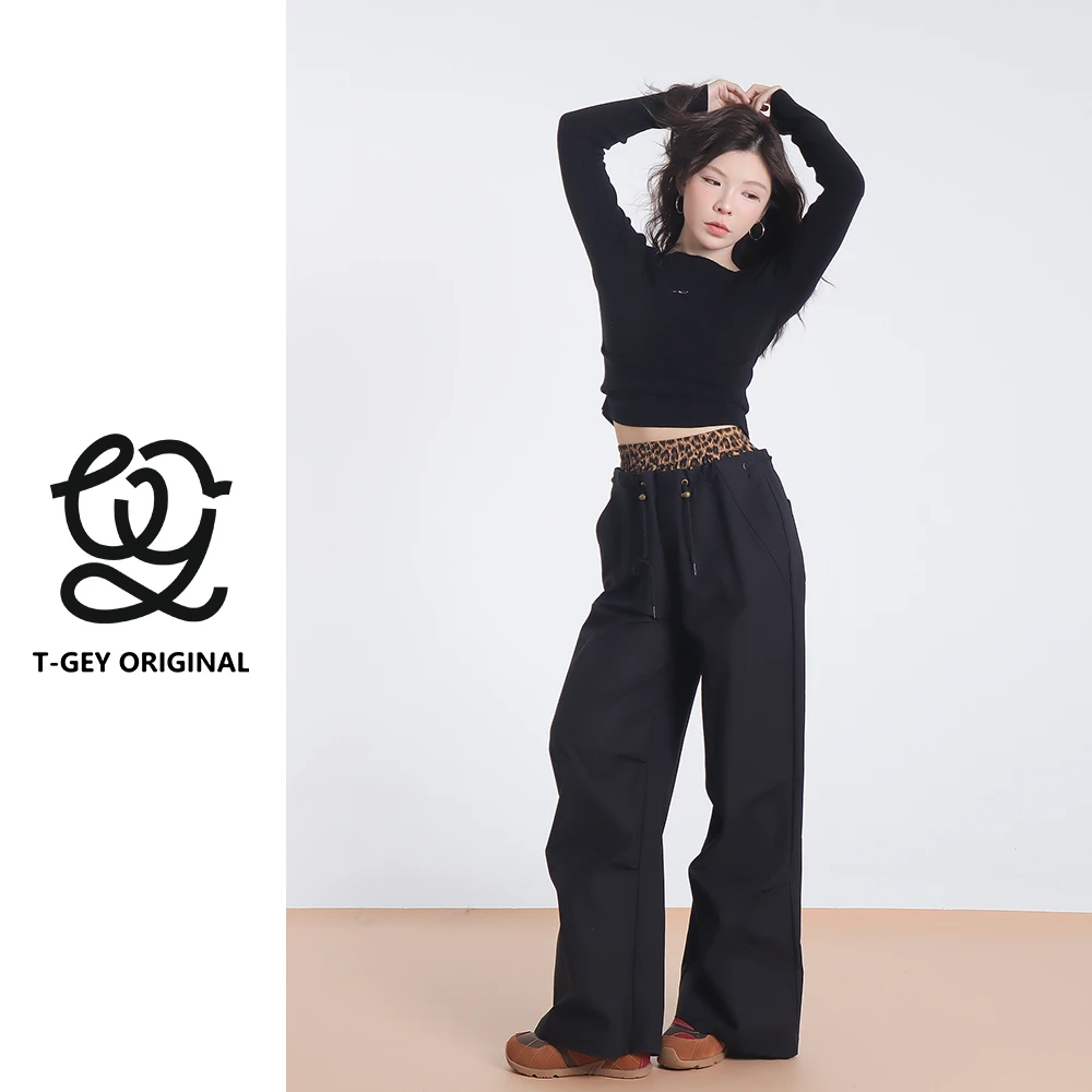 T-GEY【腰豹豹】豹纹拼接松紧腰抽绳休闲裤