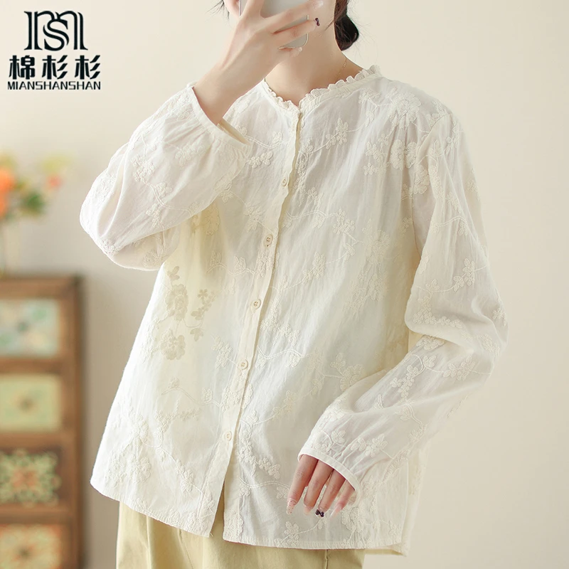 2025刺绣纯棉白色小众衬衫女立领花边领甜美内搭衬衣新款百搭加厚