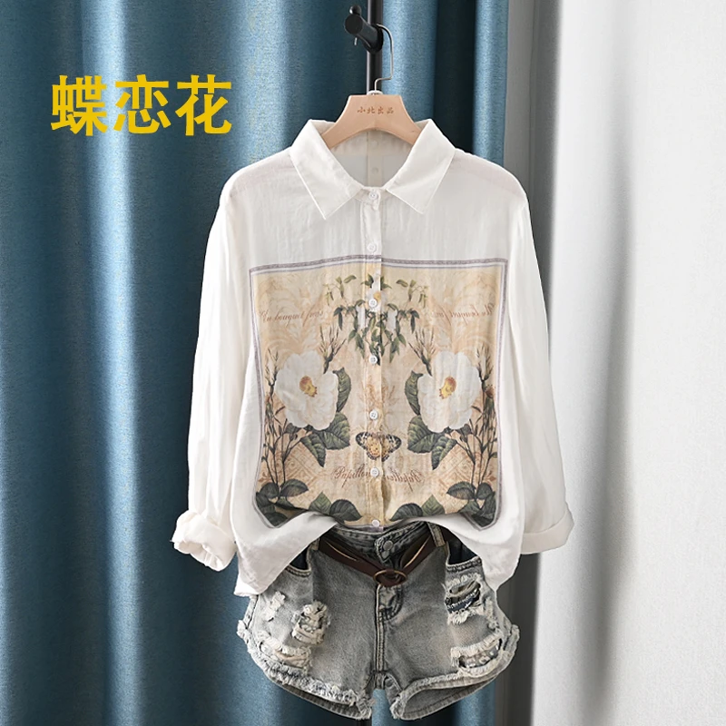 双层棉纱 泼墨印花文艺森女上衣女新款翻领 长袖衬衫女衬衣