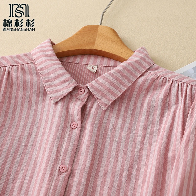 双层棉纱竖条纹 宽条显瘦 色织纯棉宽松气质尖领长袖衬衫女衬衣